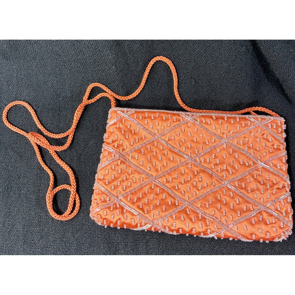 Valerie Stevens Orange Beaded Satin Evening Bag Crossbody Clutch Diamond Pattern
